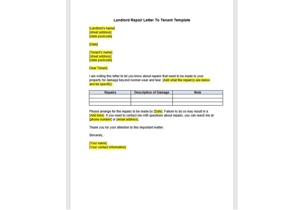 Rental Maintenance Request Letter to Tenant Template, Maintenance