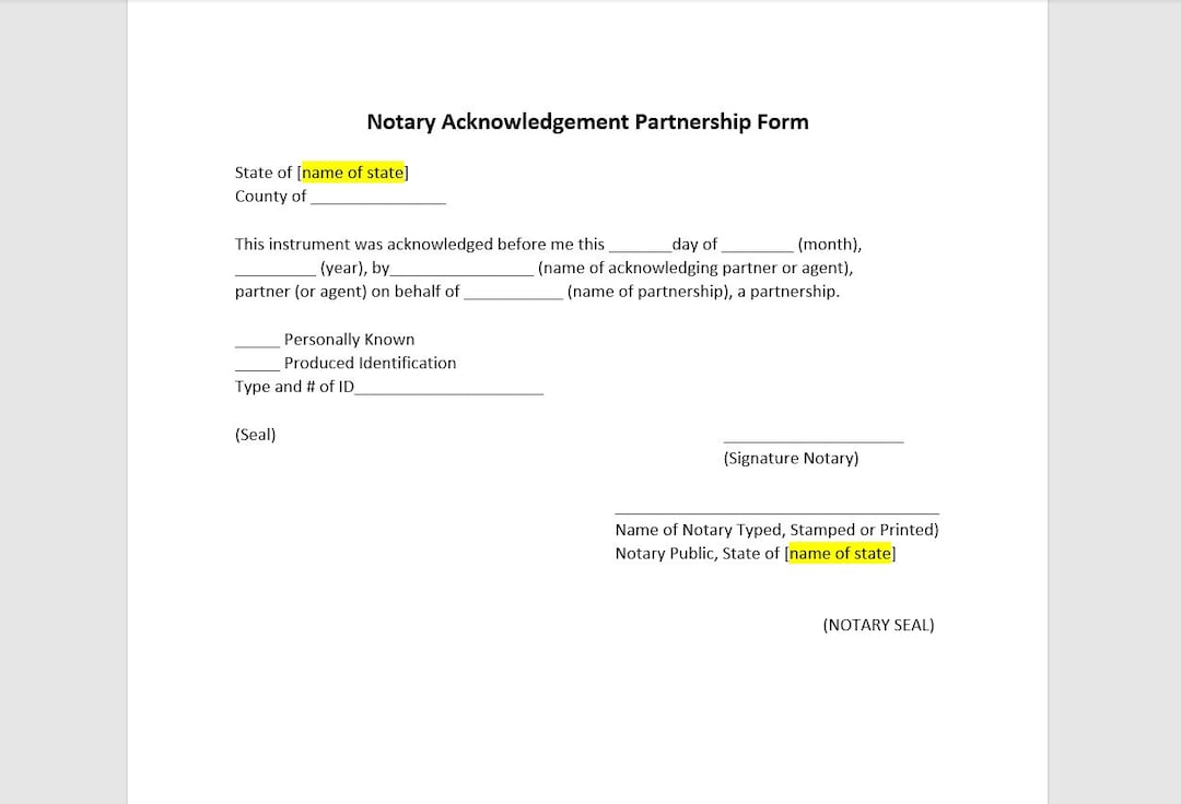 Partnership Notary Acknowledgement Form, Notary Acknowledgement Form
