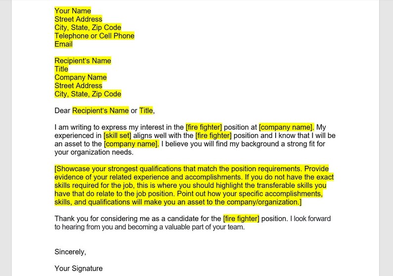 Firefighter Cover Letter, Cover Letter Template, Editable Cover Letter