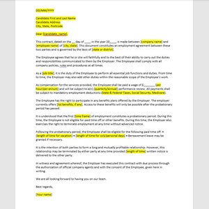 Oferta de trabajo de empleado por contrato, Carta de oferta de trabajo, Carta de plantilla de oferta de trabajo, Plantilla de oferta de trabajo, Plantilla de Word, Carta simple, Carta de palabra