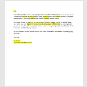 Plantilla de carta de dificultad de préstamo para automóvil editable, plantilla de carta de dificultad, dificultad de préstamo para automóvil, carta de Word, carta simple