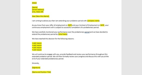 Modello di lettera di estensione della prova, Lettera di prova per nuova assunzione, Modello di prova per nuove assunzioni, Modello di Word, Lettera ...