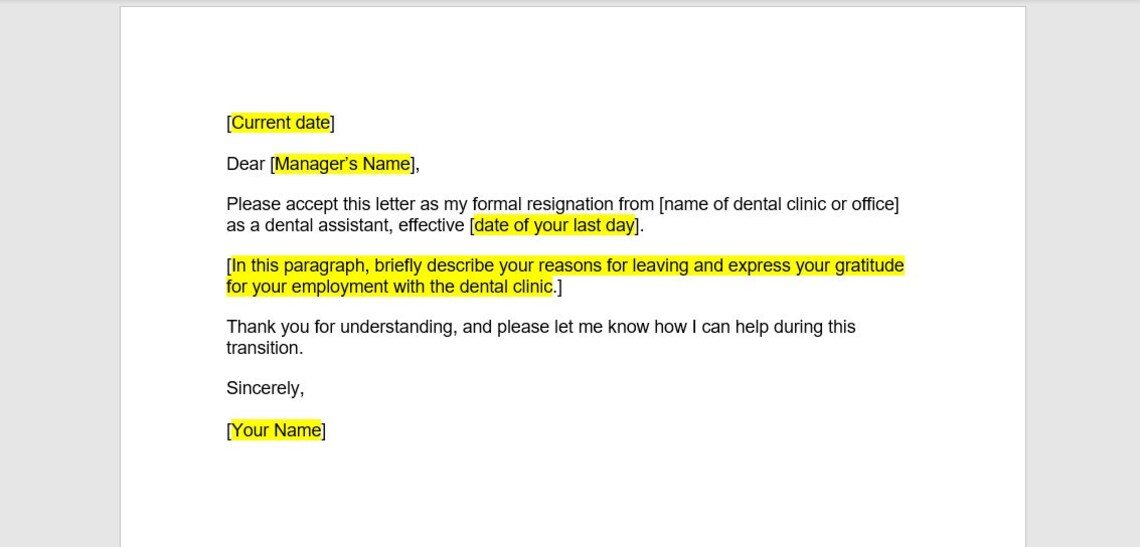 Dental Assistant Resignation Letter Template Resignation Etsy