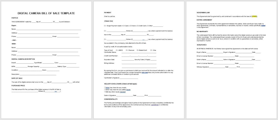 Editable Digital Camera Bill of Sale Template, Editable Bill of Sale ...