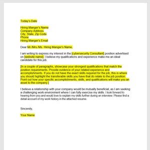 Cybersecurity Consultant Cover Letter, Cover Letter Template, Editable Cover Letter, Cover Letter Template, Word Template, Simple Letter