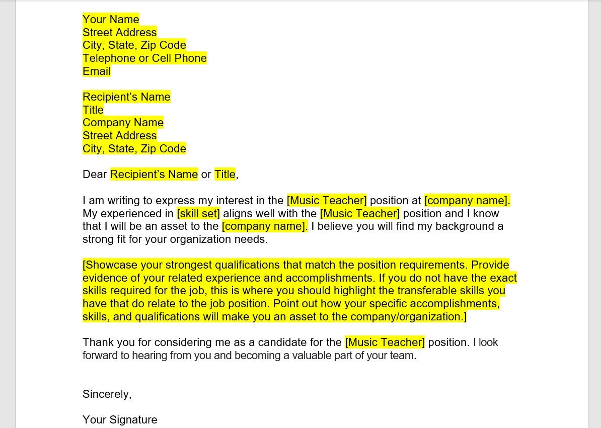 Music Teacher Cover Letter, Music Teacher, Cover Letter Template