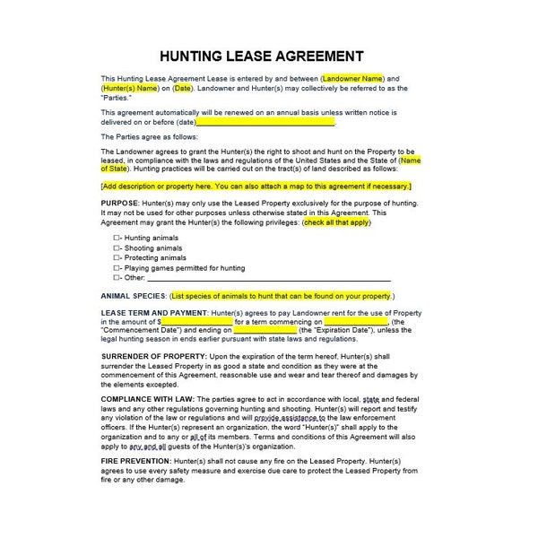 Hunting Lease Agreement, Hunting Lease Agreement Template, Hunting Agreement, Agreement Template, Word Template