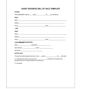 Editable Audio Speakers Bill of Sale Template, Editable Bill of Sale ...