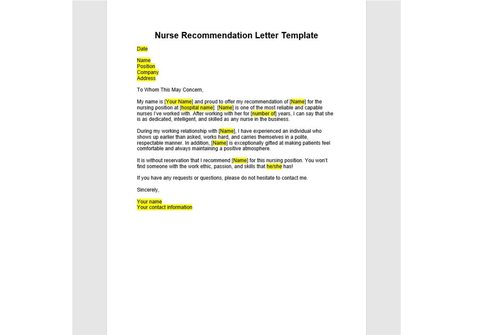 Editable Letter of for a Nurse, Nurse