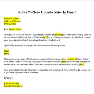 Aviso del propietario para limpiar la propiedad, aviso del propietario para limpiar la plantilla de la propiedad, aviso para limpiar la carta, plantilla de Word, carta simple