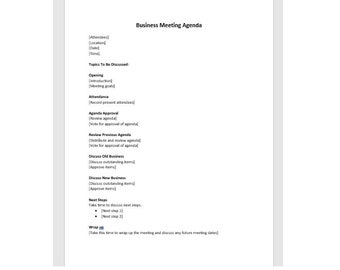 Business Meeting Agenda Template, Meeting Agenda, Staff Meeting Agenda, Staff Agenda, Word Template, Simple Meeting Template