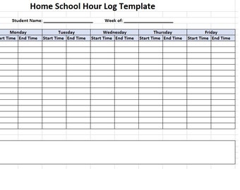 May include: A Home School Hour Log Template, featuring a grid layout for recording daily subjects and times. The template includes fields for student name and week of, with columns for Monday to Friday, and a notes section.