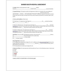 Contrato de alquiler de cabina de barbería, plantilla de contrato de alquiler de cabina de barbería, contrato de arrendamiento de alquiler, contrato de alquiler, carta de palabra, carta simple