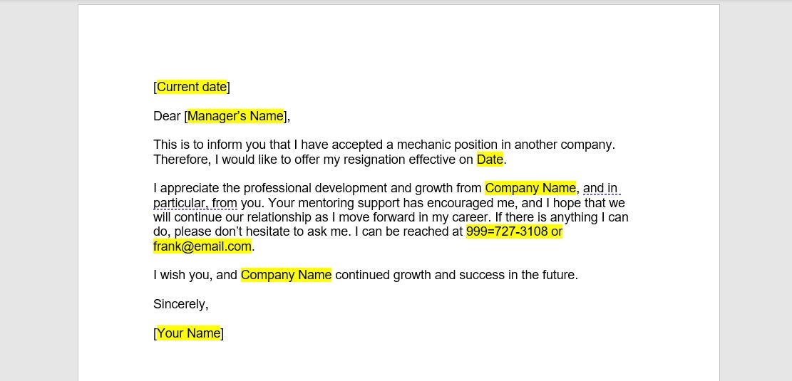 Mechanic Resignation Letter Template Resignation Letter Resignation 