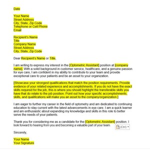 Carta de apresentação do assistente optométrico, modelo de carta de apresentação, carta de apresentação editável, modelo de carta de apresentação, modelo de CV para Word, carta de apresentação