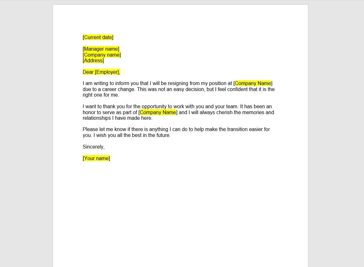Career Change Resignation Letter, Resignation Letter, Resignation ...