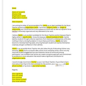 Plantilla de carta de recomendación para profesores de música, carta de recomendación para profesores de música, carta de presentación para profesores de música, plantilla de Word