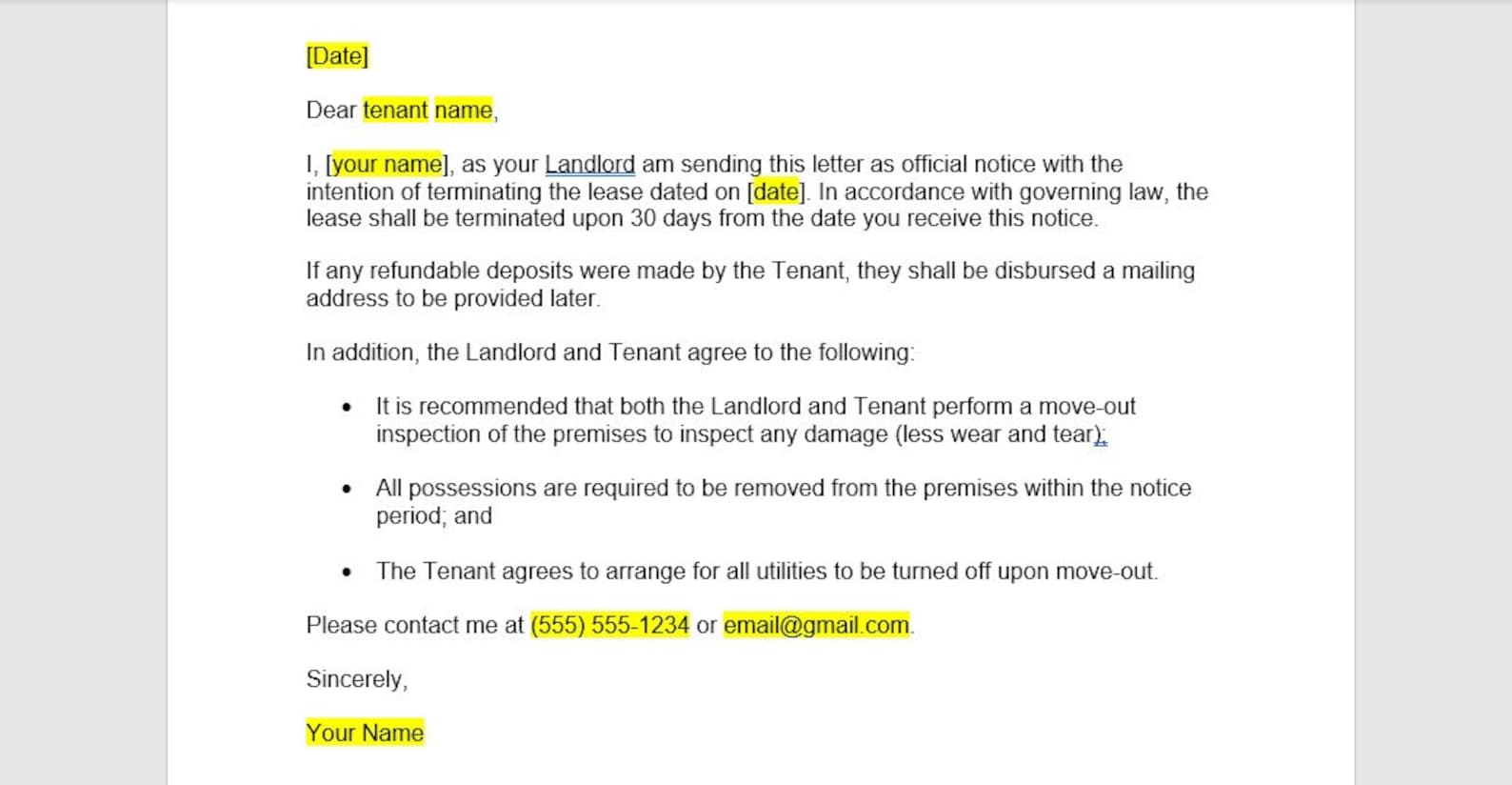 Landlord Lease Termination Letter Template Lease Termination Letter