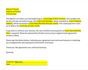 Landlord Rent Increase Letter for Month to Month Tennants, Rent Increase Letter, Rent Increase Template, Rent Increase Letter