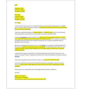 Carta de dificuldades para retirada de 401k, carta de retirada de dificuldades 401k, retiradas de dificuldades, dificuldades 401k, modelo do Word, carta simples