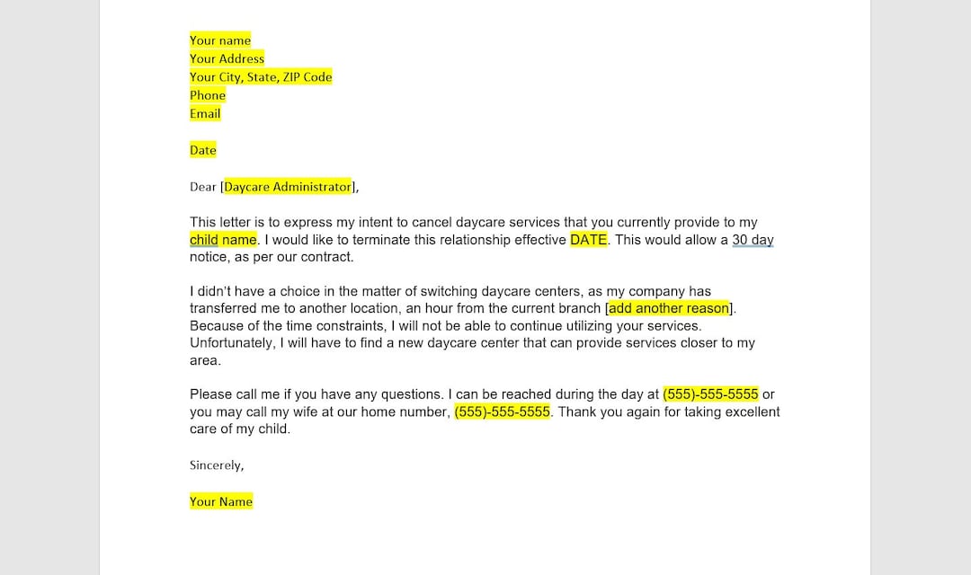 Daycare Cancellation Letter Template, Daycare Cancellation Letter