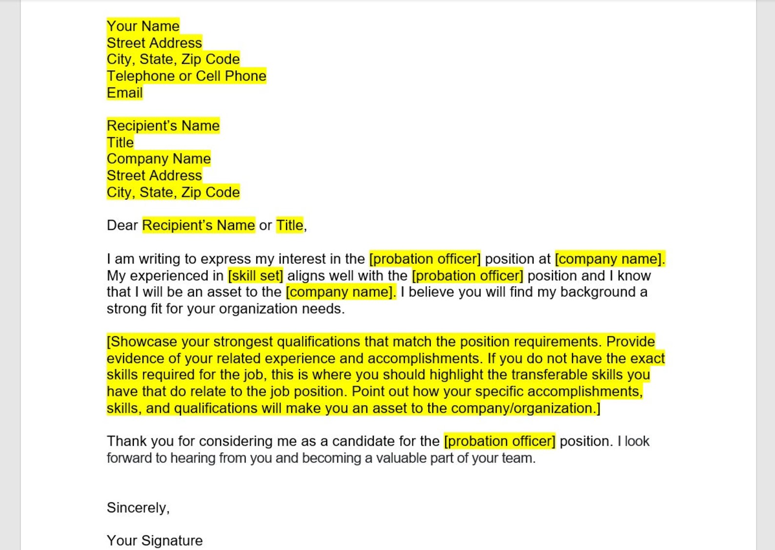 Probation Officer Cover Letter, Cover Letter Template, Editable Cover