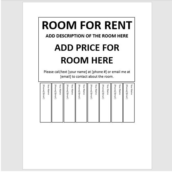 Editable Room For Rent Tear-off Flyer, Tear-off Flyer Template, Room For Rent Advertisement, Advertisement Flyer, Flyer Template