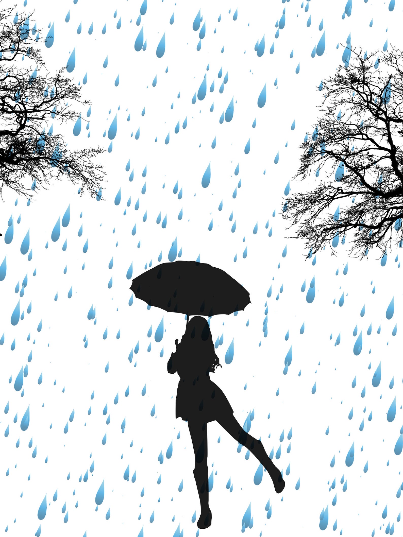 Girl in Rain With Umbrella Silhouette, Silhouette Wall Art Print, Rain