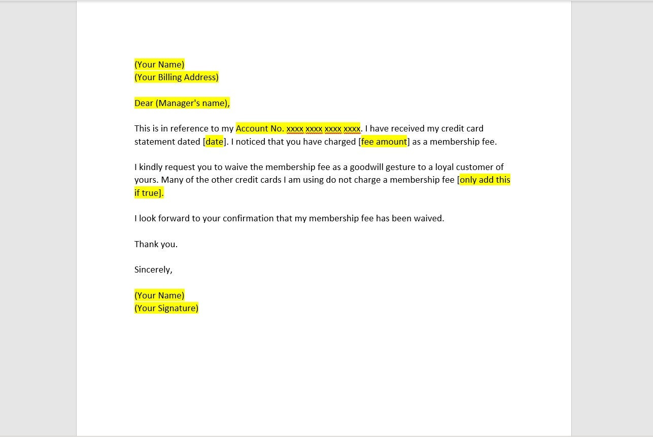 Request Credit Card Company To Waive Late Fees Template Word Etsy