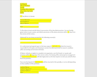Puede incluir: Un documento legal amarillo con un formulario de Aviso de Desalojo. El formulario incluye campos para el nombre del inquilino, la dirección de alquiler, la fecha del aviso y la razón para desalojar las instalaciones. El documento también incluye una sección para el nombre del arrendador, su firma, su dirección y la fecha.