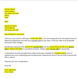 Carta de contraoferta de empleo, plantilla de carta de contraoferta, plantilla de contraoferta, plantilla de Word, carta simple