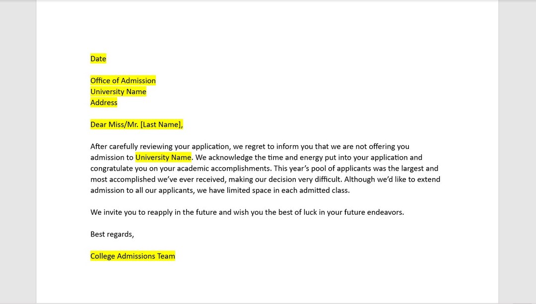 College Rejection Letter, College Rejection Letter Template, Rejection