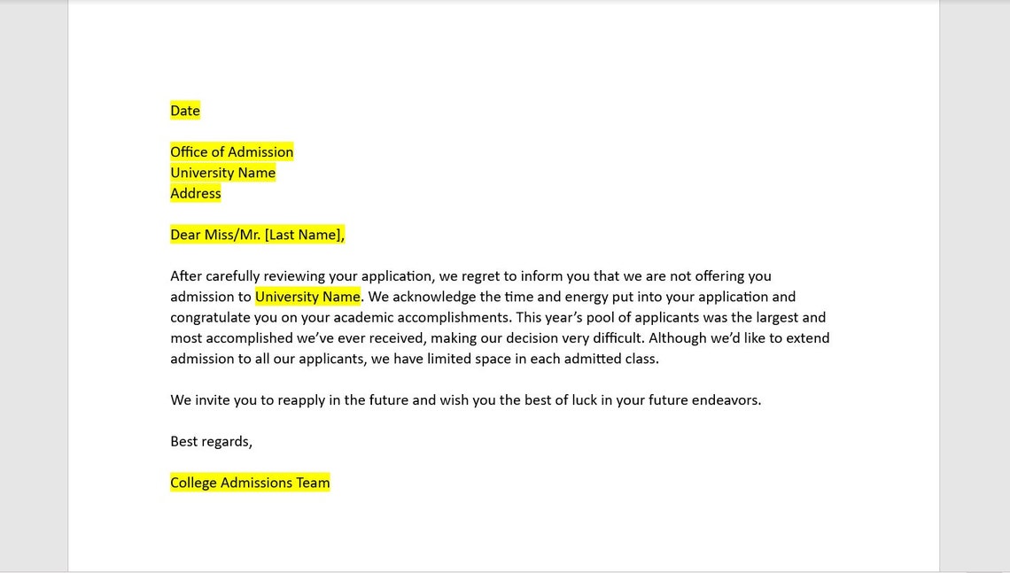 College Rejection Letter, College Rejection Letter Template, Rejection