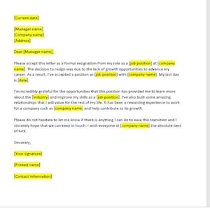 Gebrek aan carrièregroei Ontslagbrief, ontslagbrief, ontslagsjabloon, ontslagbriefsjabloon, Word-sjabloon, sjabloon