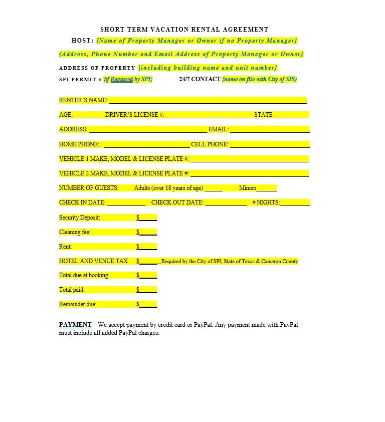 Short Term Rental Agreement Template, Vacation Rental Agreement, Word ...