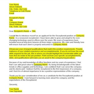 Carta de presentación de recepcionista, plantilla de carta de presentación, carta de presentación editable, plantilla de carta de presentación, plantilla de Word, carta simple