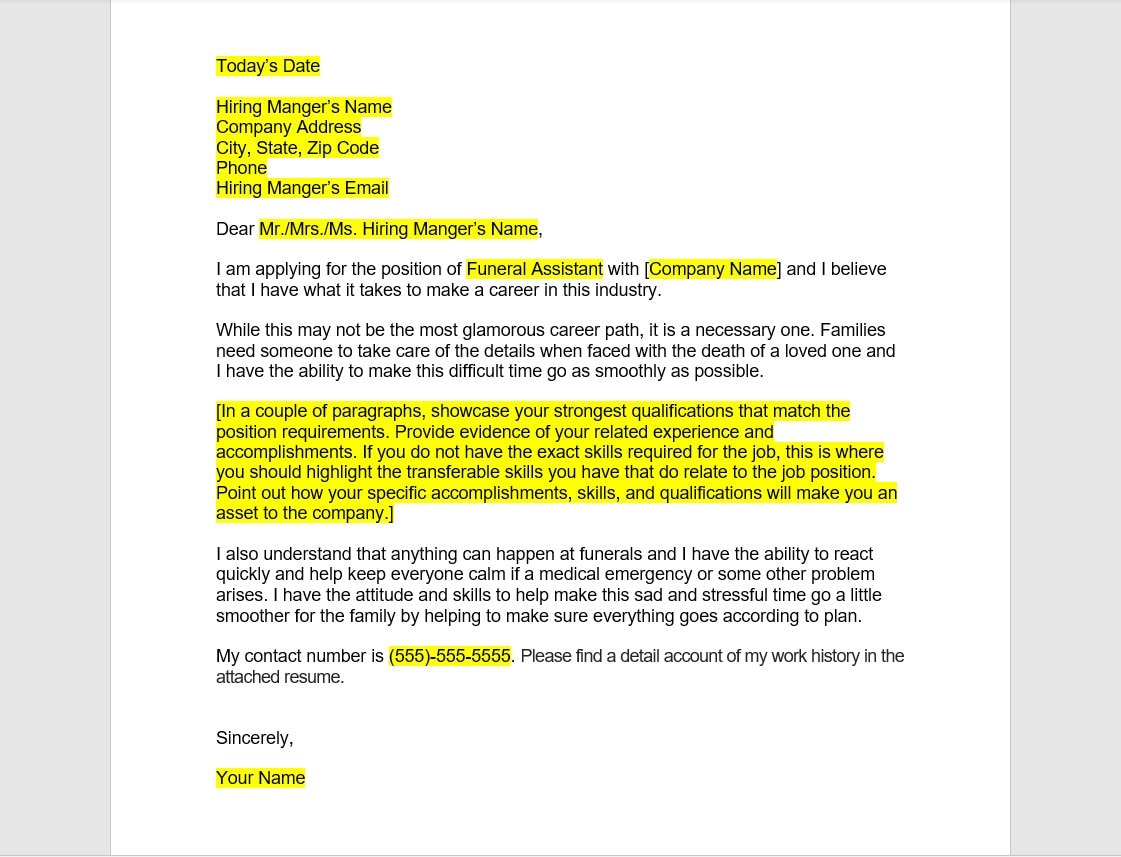 Funeral Assistant Cover Letter, Cover Letter Template, Editable Cover