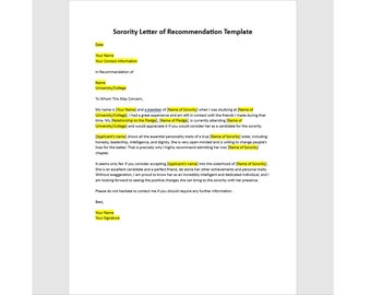Editable Sorority Letter of Recommendation Template, Recommendation Letter Template, Sorority Recommendation Letter, Sorority Letter