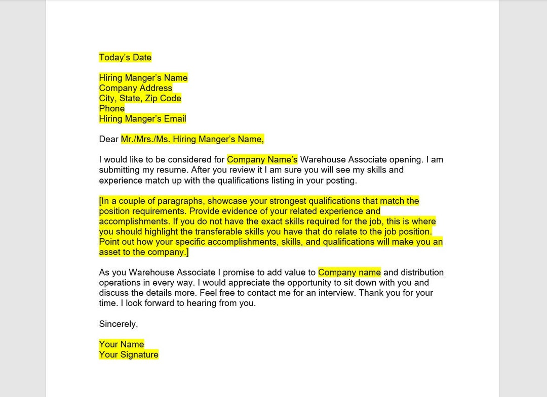 Warehouse Associate Cover Letter, Cover Letter Template, Editable Cover