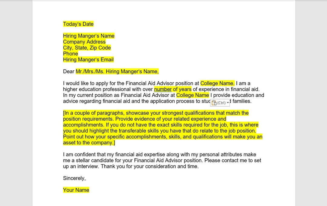 Financial Aid Counselor Cover Letter, Cover Letter Template, Editable
