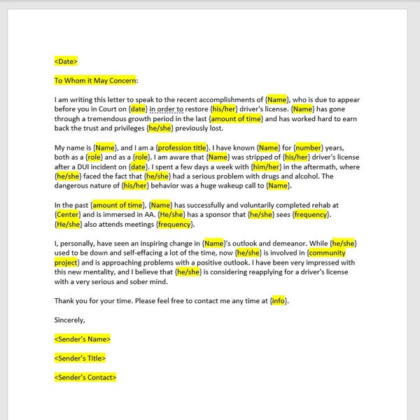 Lettre de référence de caractère pour restaurer le permis de conduire, lettre de référence de caractère, modèle de référence de caractère, modèle Word, lettre Word