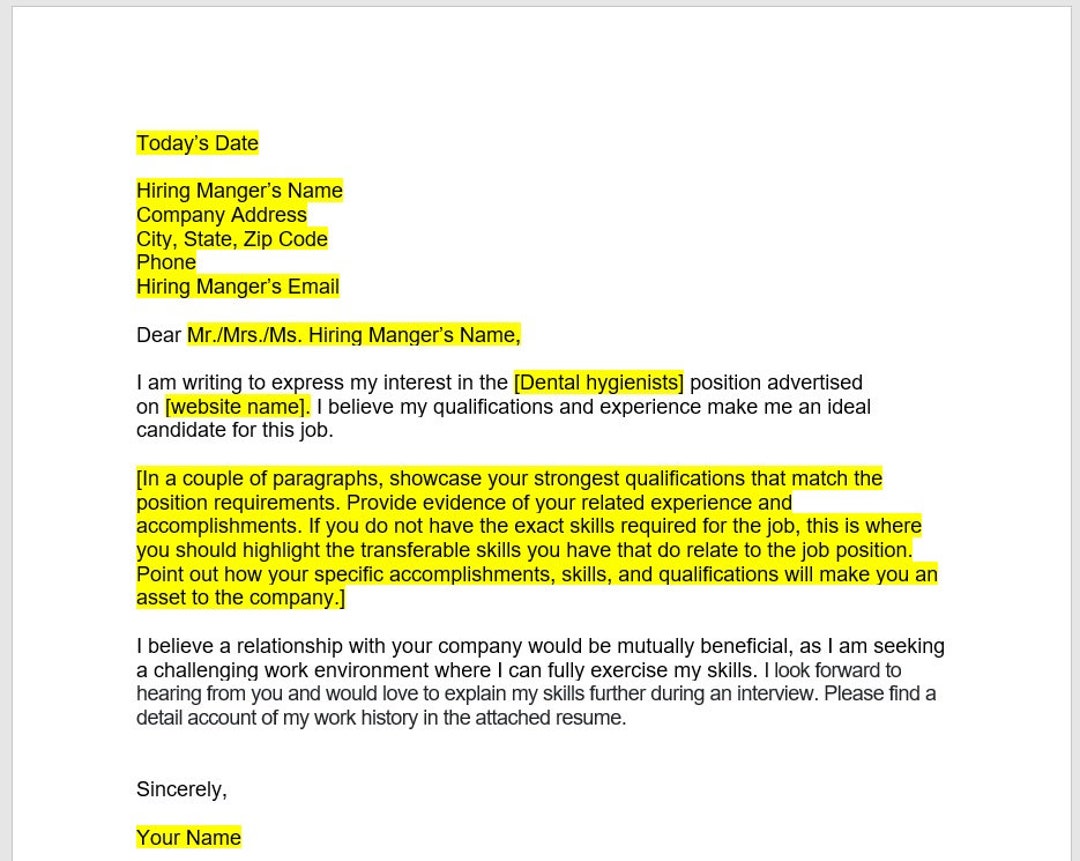 Dental Hygienist Cover Letter, Cover Letter Template, Editable Cover