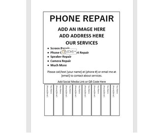Bewerkbare telefoonreparatie afscheurflyer, telefoonreparatieadvertentie, afscheurflyersjabloon, advertentie voor telefoonreparatiediensten, advertentieflyer