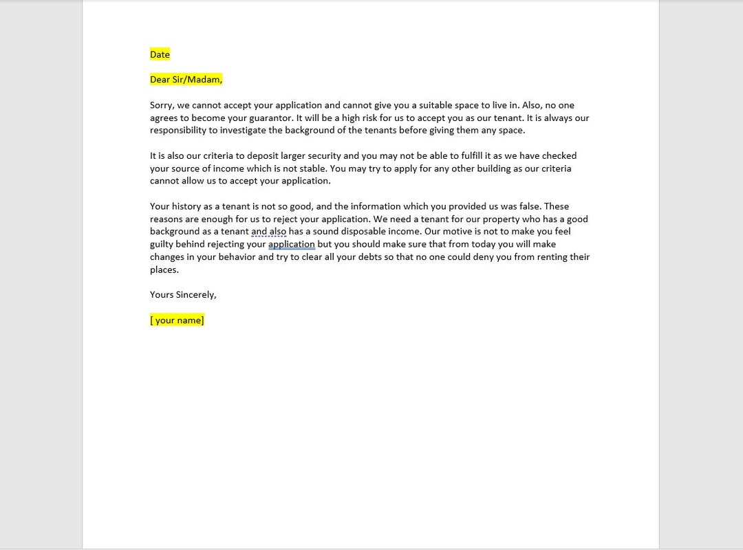 Decline Tenant Application Letter Template Decline Tenant Etsy