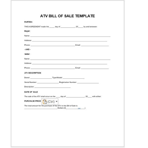 Editable ATV Bill of Sale Template, Editable Bill of Sale, Bill of Sale, ATV Sale, Gym Equipment Bill of Sale Template, Template