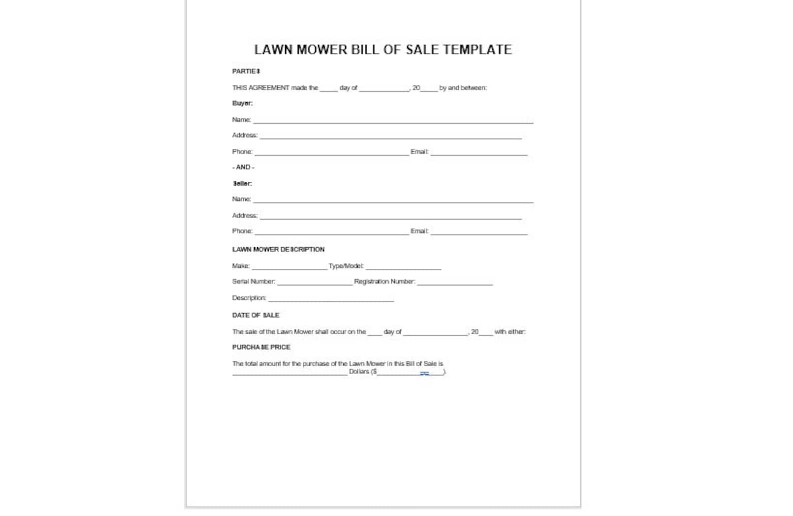 Editable Lawn Mower Bill of Sale Template, Editable Bill of Sale, Bill