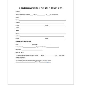 Editable Lawn Mower Bill of Sale Template Editable Bill of Sale Bill Editable Lawn Mower Bill of Sale Template Editable Bill of Sale Bill