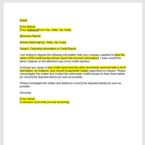 Plantilla de carta de disputa de informe de crédito, carta de disputa de informe de crédito, plantilla de disputa de informe de crédito, plantilla de Word, carta simple