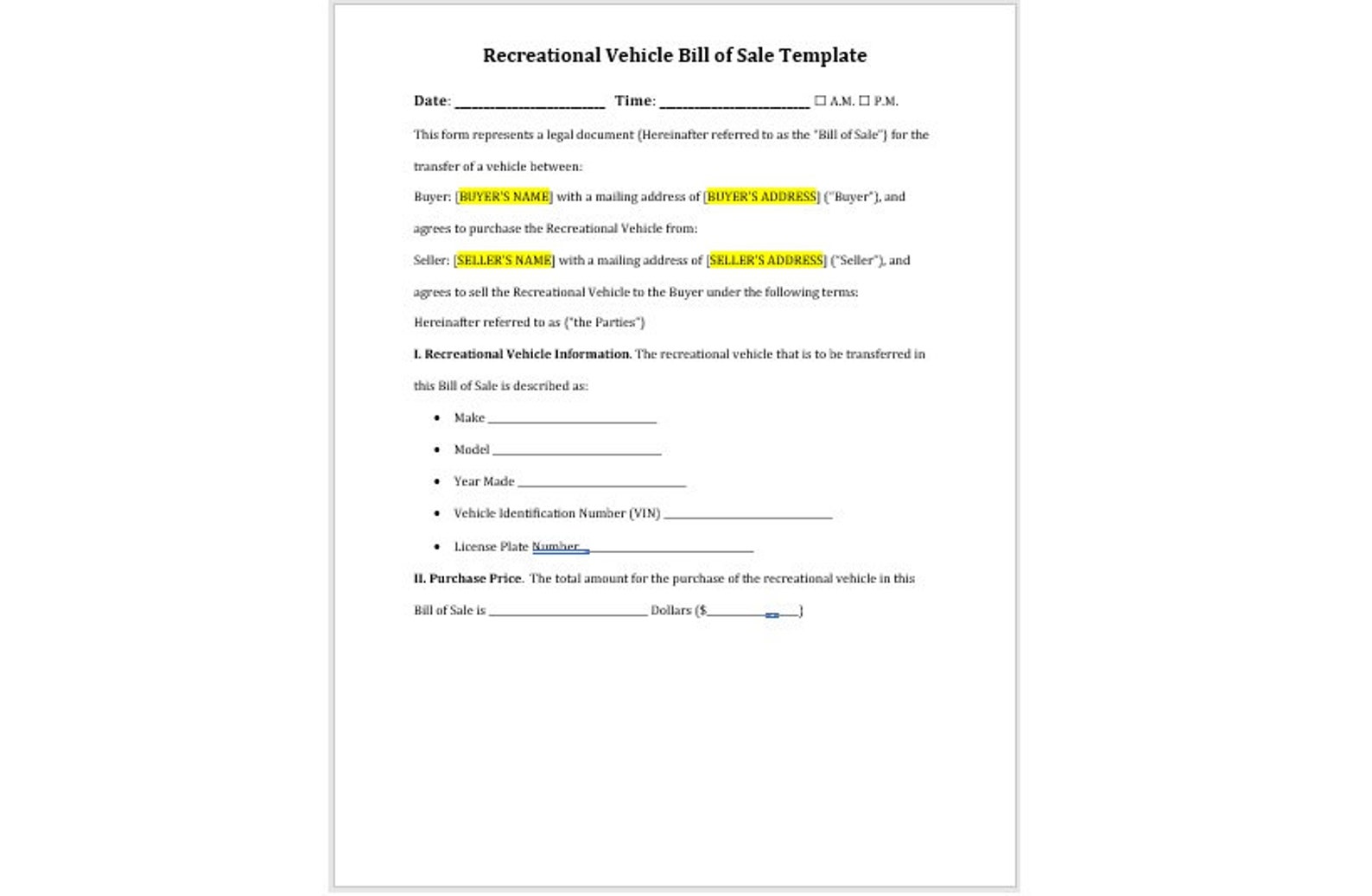 RV Vehicle Bill of Sale, Recreational Vehicle Bill of Sale Template