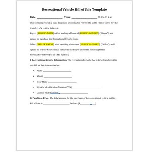 RV Vehicle Bill of Sale, Recreational Vehicle Bill of Sale Template, Bill of Sale Form, Auto Bill of Sale, Word Template, Simple Template